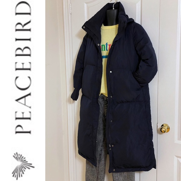 EUC PEACEBIRD midi length down puffer parka coat with hidden hood, navy blue - Picture 3 of 16